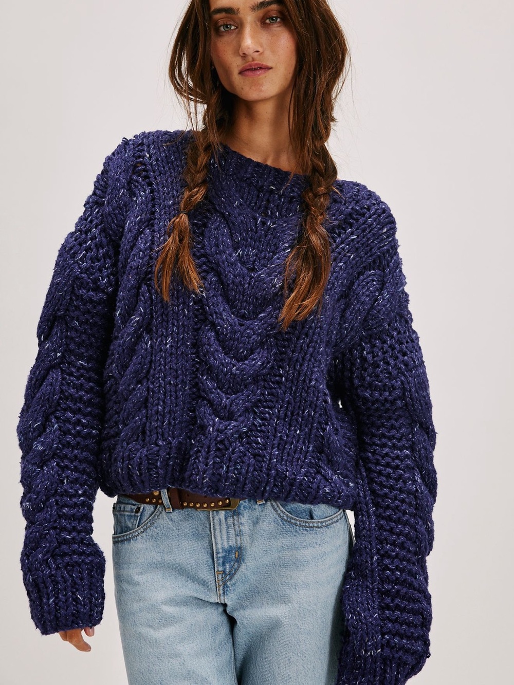 Free People Chunky Cable Knit Sweater - Deep Navy
